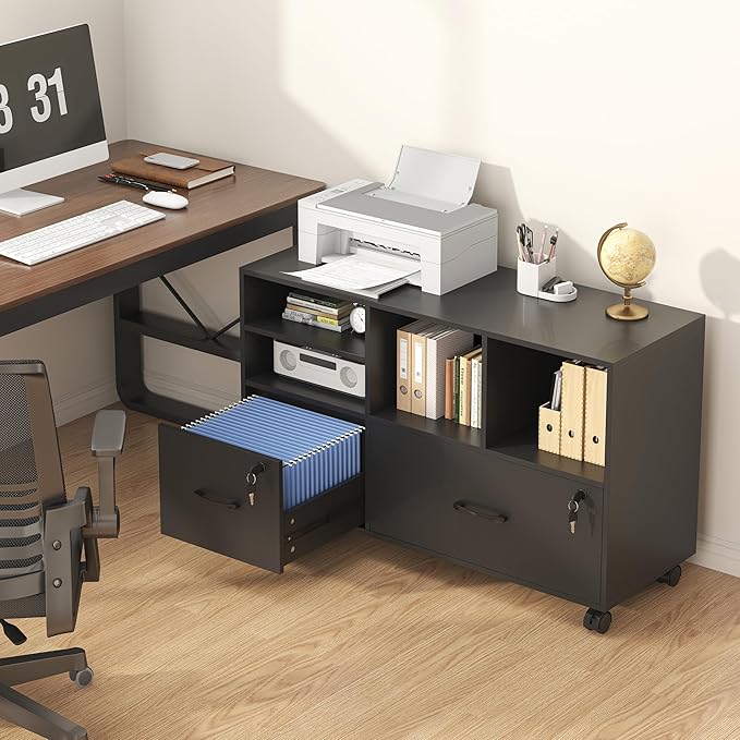 Semoic 2 Drawer Wood Lateral File Cabinet with Lock, Lockable Rolling Filing Cabinet with Adjustable Storage Shelves, Printer Stand Office Storage Cabinet for Home Office Fits Files Legal/A4, Black