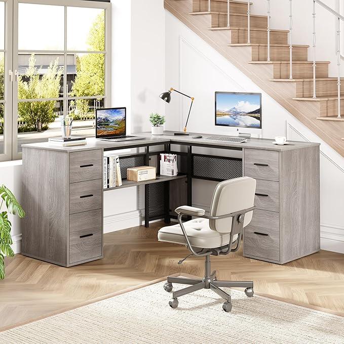 HSH Large L Shaped Desk with Storage File Cabinet,Corner L-Shaped Computer Desk with Drawers Shelves, Home Office Bedroom Metal Wood Study Writing Table Executive Workstation, Light Grey Oak, 59 Inch