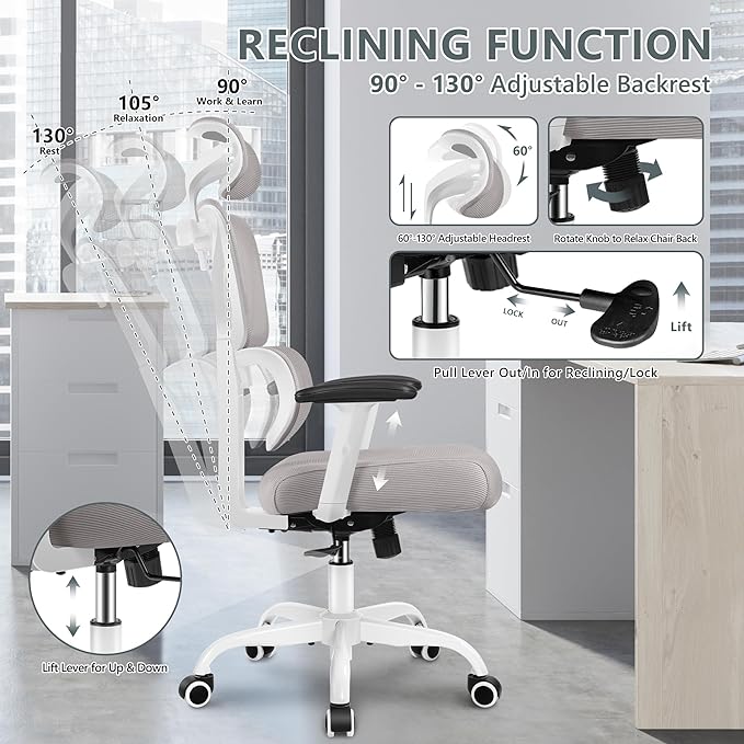 Winrise Office Chair Ergonomic Desk Chair, High Back Gaming Chair, Big and Tall Reclining Chair Comfy Home Office Desk Chair Lumbar Support Breathable Mesh Computer Chair Adjustable Armrests (Gray)