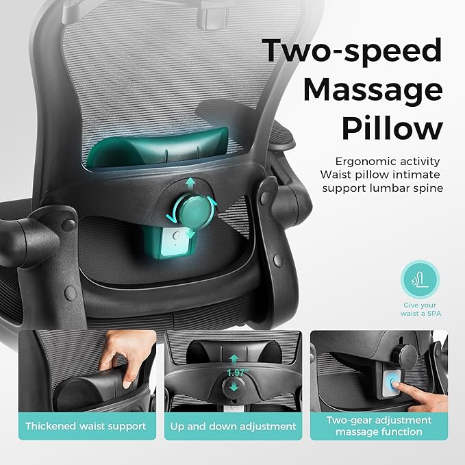 ALPHA HOME Ergonomic Office Chair with Massage Function&Coat Hunger, High-Back Mesh Computer Chair with Lumbar Support, Adjustable Height&Headrest&Flip-up Armrest, 360° Swivel Wheels, SGS Certified