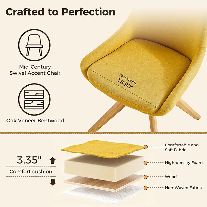 Art Leon Mid Century Modern Desk Chair No Wheels, Swivel Upholstered Armchair with Solid Wood Legs for Home Office, Fabric, Yellow