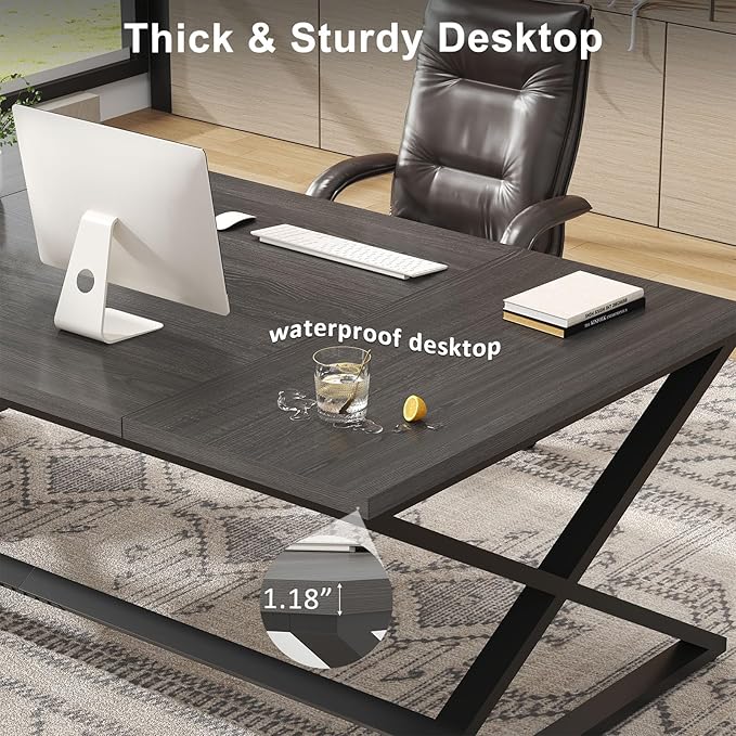 IBF 70 Inch Large Desk, Long Computer Desk for Writing Study, Industrial Home Office Work Executive Desk for Bedroom, Wood Metal Pc Gaming Workstation Computer Table for 2 Monitors, Dark Gray Oak
