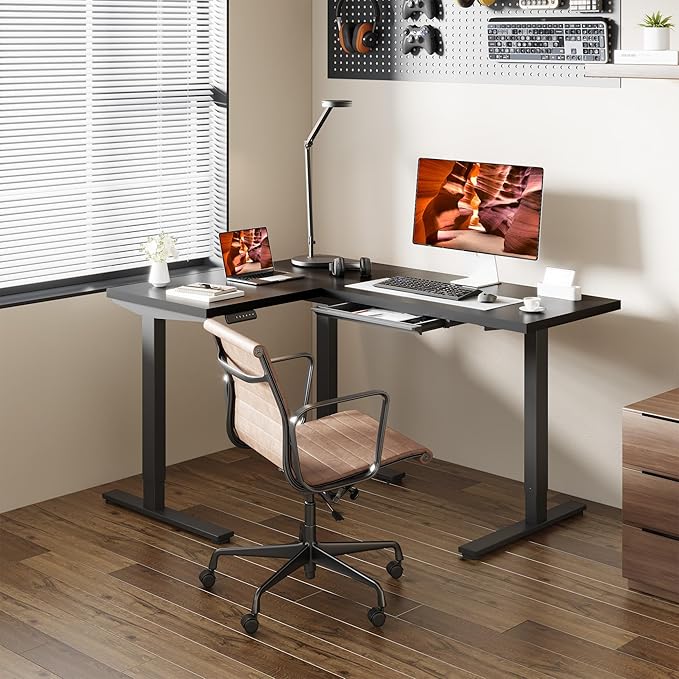 L-Shaped Standing Desk, 63 x 47 Inches Height Adjustable Desk with Storage, Sit and Stand up for Work Office Home, Ergonomic Rising Computer Table for Home Office with Splice Board, Black