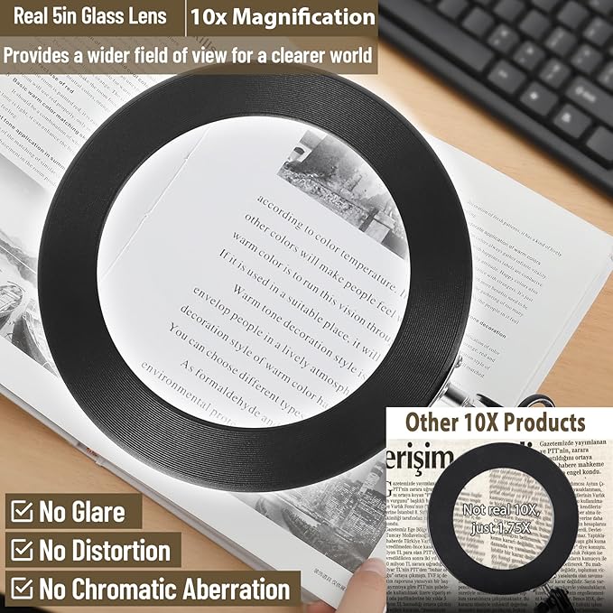 LANCOSC Magnifying Glass with Light and Stand, 5 Inches 10X Real Glass Lens, 3 Color Modes Stepless Dimmable LED Desk Lamp, Adjustable Arm Lighted Magnifier Light for Reading Repair Crafts Close Work