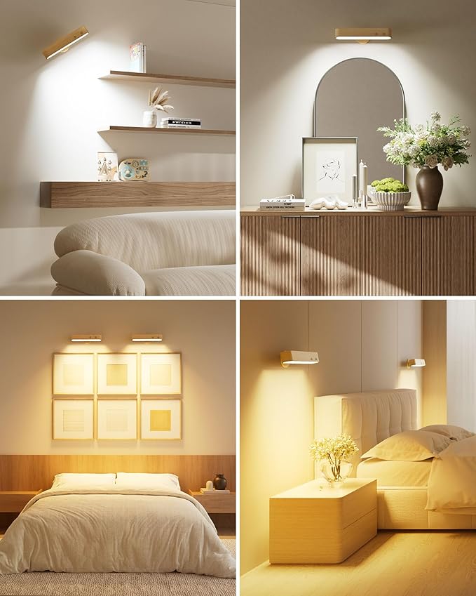 Rechargeable LED Wall Sconces Set of Two,Wall Lights for Bedroom with Remote Control and Touch,360° Magnetic Rotation,3 Colors Dimmable Brightness Wood Wall Lamps with 15 RGB Colors,2 Pack