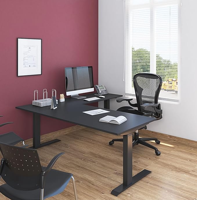 Stand Up Desk Store Triple Motor Electric L-Shaped Corner Standing Desk with EZ Assemble Frame (Black Frame/Black Top, 71" W x 71" D)