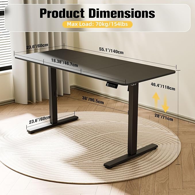ERGOMAKER Electric Standing Desk, 55" x 23.6" Height Adjustable Sit Stand Desk with Splice Board for Home Office, Computer Table Memory Preset (Black Frame, Black Desktop)