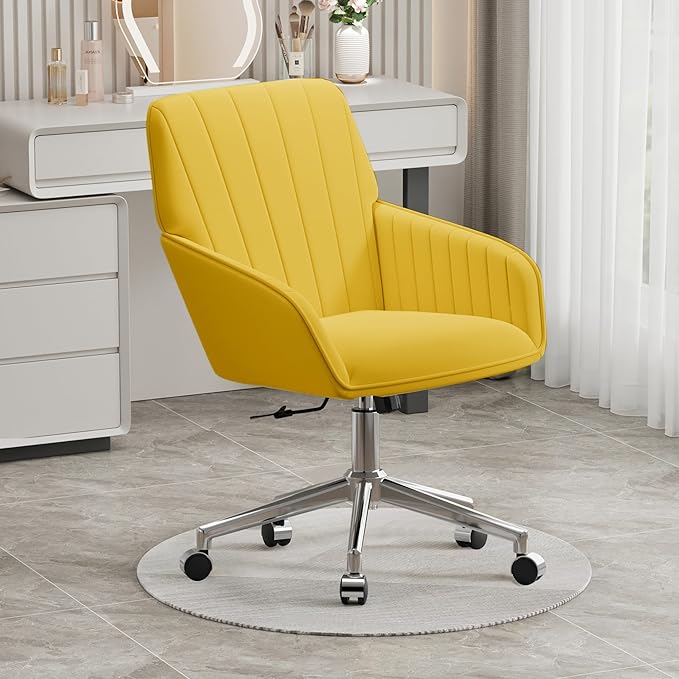 YISHENG Velvet Office Desk Chair with Silver Base, with Wheels,Modern Height Adjustable 360 Degree Swivel Upholstered Vanity Chairs with Arms for Living Room Bedroom,Yellow