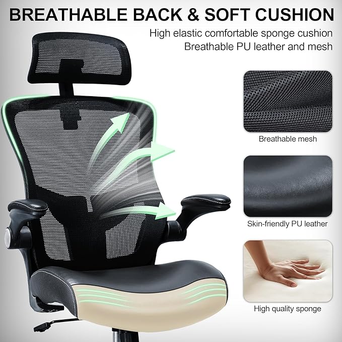 Ergonomic Office Chair,High Back Mesh Desk Chair with Adjustable Lumbar Support & Headrest Home Office Computer Swivel Executive Task Chair with Flip-Up Armrests (Dark Black)