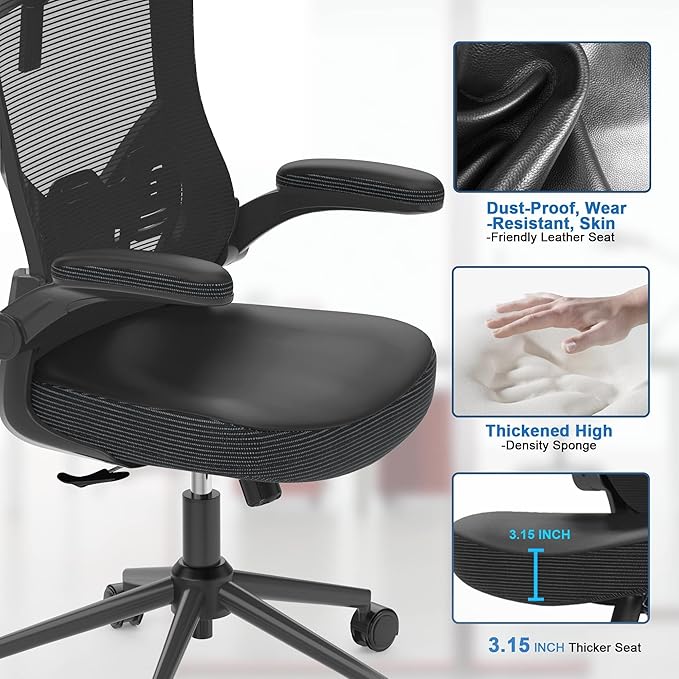 Home Office Chair, Ergonomic Comfy Desk Chair, High Back Computer Chair- Adjustable Headrest with Flip-Up Arms, Lumbar Support, Swivel Executive Task Chair (Modern, Black)