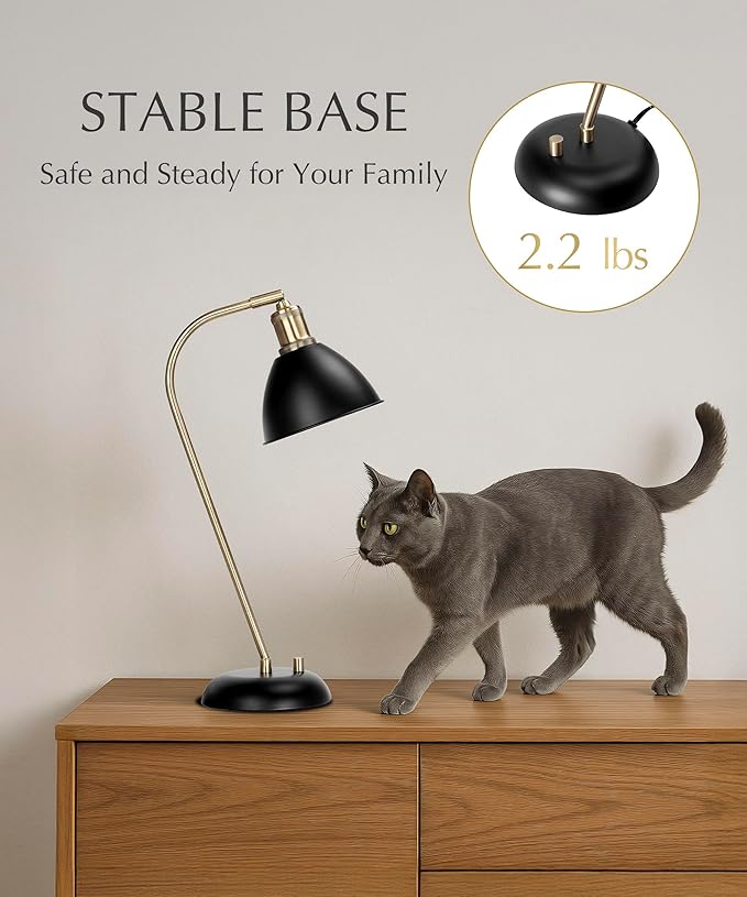 HarvestLand Halo Black Table Lamps – Adjustable Reading Lamp, Metal Desk Lamp, Industrial Table Lamp with Solid Base for Bedside, Home Office, Black Desk Lamp
