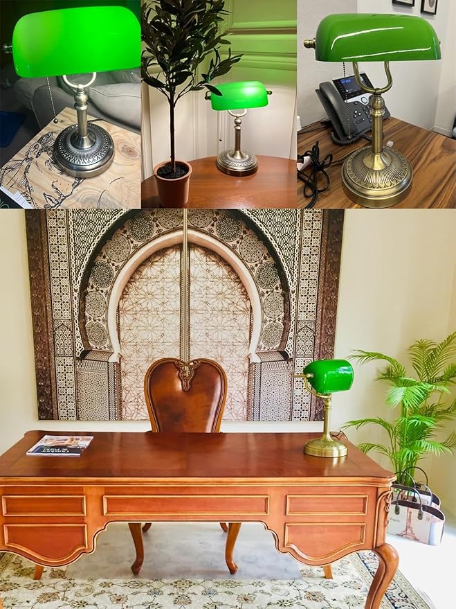 Newrays Green Glass Bankers Desk Lamp with Pull Chain Switch Plug in Fixture