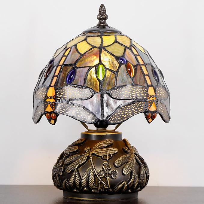 Small Tiffany Lamp Mini Stained Glass Table Lamp Brown Yellow Dragonfly Style Mushroom Desk Light Memory Sympathy Lamp 8X11 Inch
