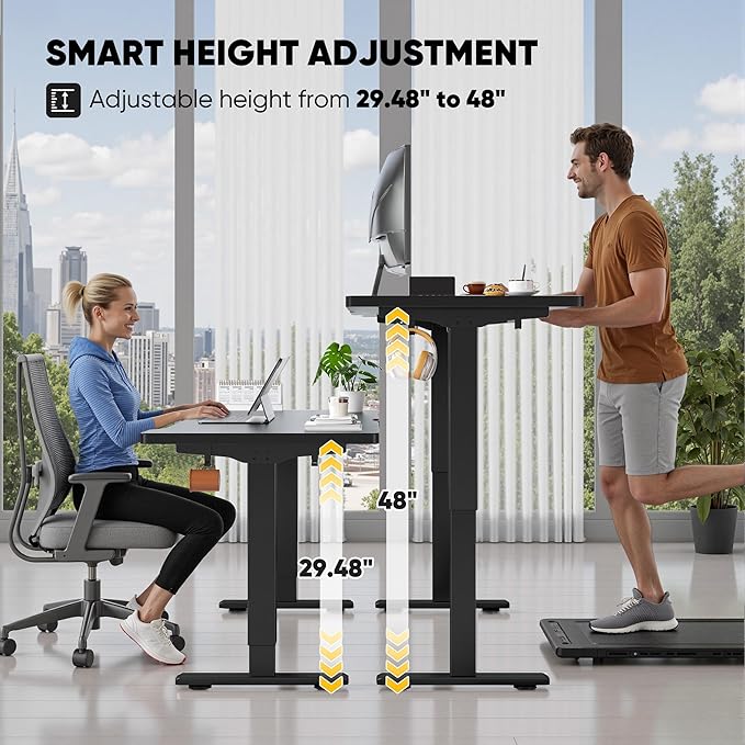 EnHomee 48 Inch Electric Standing Desk, 3 Adjustable Height Stand up Desk for Home Office, Height Adjustable Desks with Detachable Side Mount Pocket, Headphone Hook, Light Strip, Computer Desk, Black