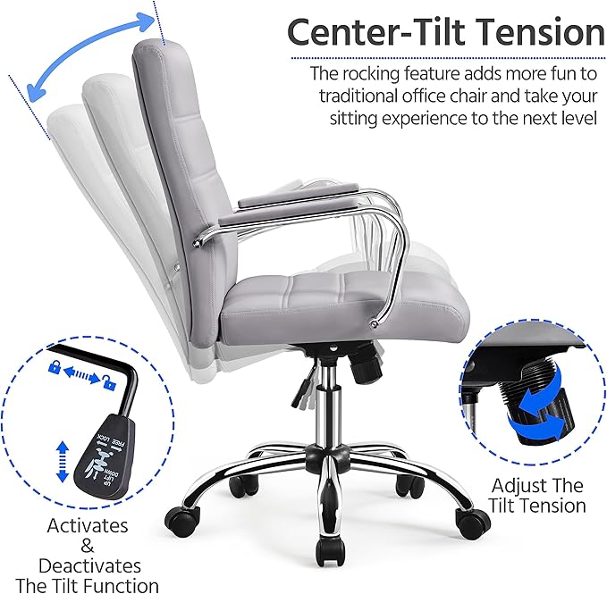Yaheetech Mid-Back Office Chair with Arms Swivel PU Leather Height Adjustable Office Executive Chair, Light Gray