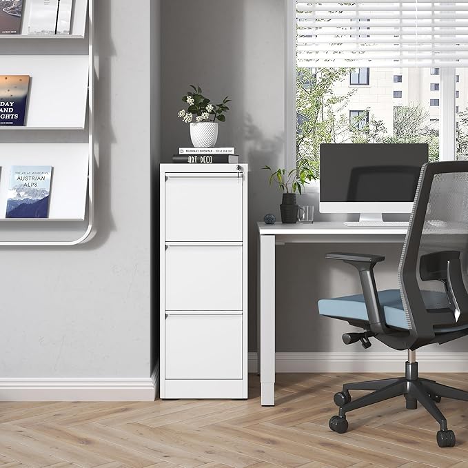 3 Drawer File Cabinet with Lock, Metal Vertical Filing Cabinets for Home Office, Steel Storage Cabinet for Hanging Legal/Letter Size Files, Assembly Required (White)
