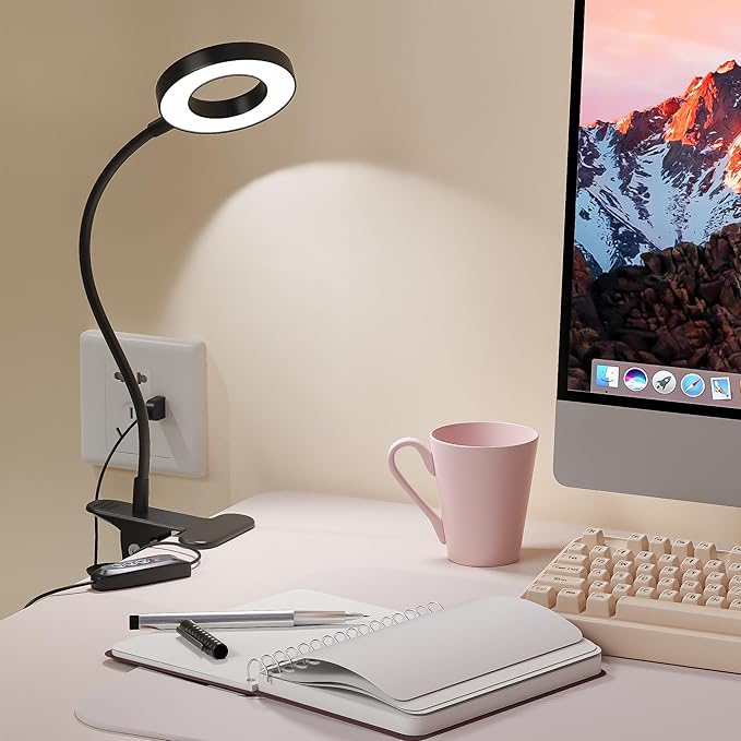 Foneso Desk Lamp Clip on Light, 48 LED USB Lamp with 3 Color Modes 10 Brightness Levels, 360° Flexible Gooseneck Eye Protection Bed Night Light for Reading, Makeup, Craft (Black)