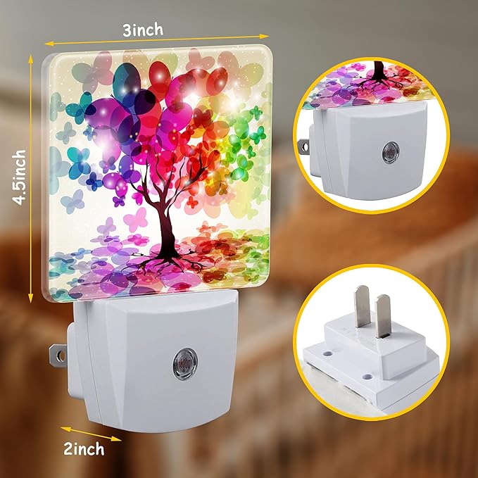Rainbow Butterfly Leaves on Tree Night Light for Kids Girls Boys,Abstract Colorful Tree LED Night Light Plug into Wall with Dusk to Dawn Sensor for Room Decor,Hallway,Kitchen,Bathroom,Nursery,Stairs