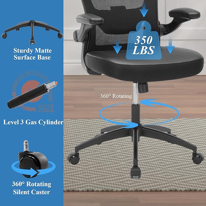 Ergonomic Office Chair 350lbs PU Leather Mesh Desk Chair with Lumbar Support, Flip-Up Arms, Swivel Wheels, Adjustable Height, Rolling Executive Computer Task Chair for Home Office,Black