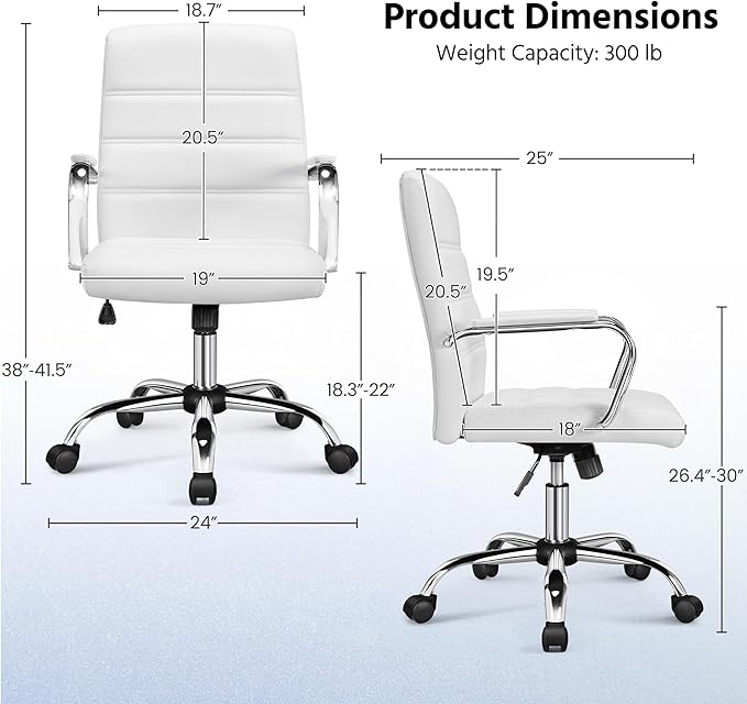 Yaheetech Office Desk Chair Mid-Back Leather Computer Chair Height Adjustable Ergonomic Executive Chair w/Lumbar Support Comfy Thick Padded Armrests and Seat, White
