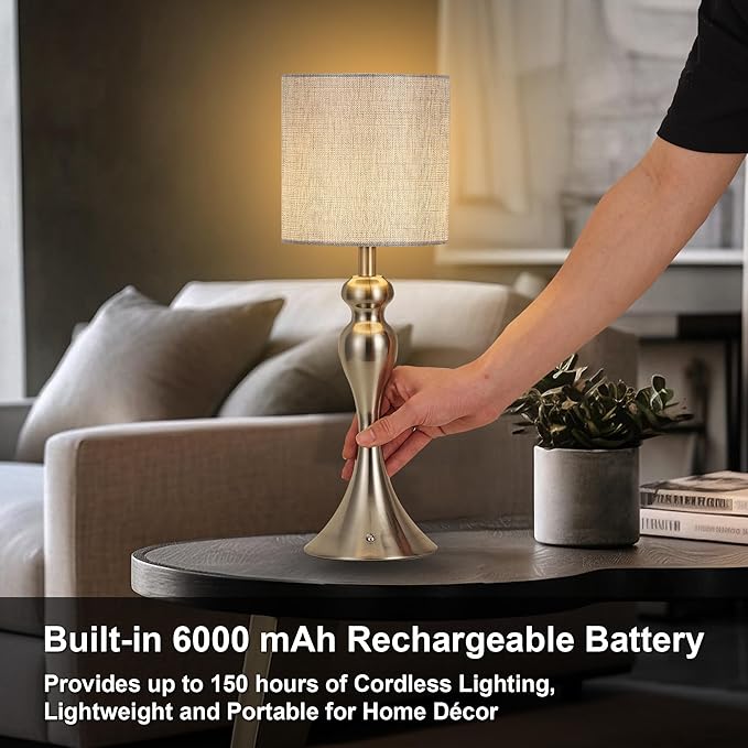 Table Lamp for Bedroom, Cordless Bedside Lamps for Living Room, Touch 3-Way Dimmable Desk Lamp for Night Stands, Rechargeable, Battery Operated Lamp with Fabric Shade for Dorm, Home Office (Nickel)