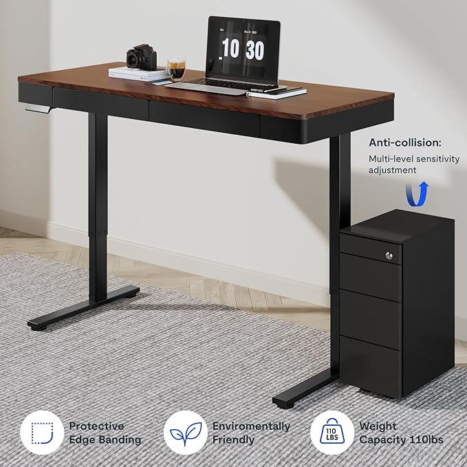 SANODESK Electric Standing Desk with 2 Drawers, 55 x 24 inch Height Adjustable Computer Desk, Home Office Stand Up Desk with 4 Preset Heights, Dark Walnut