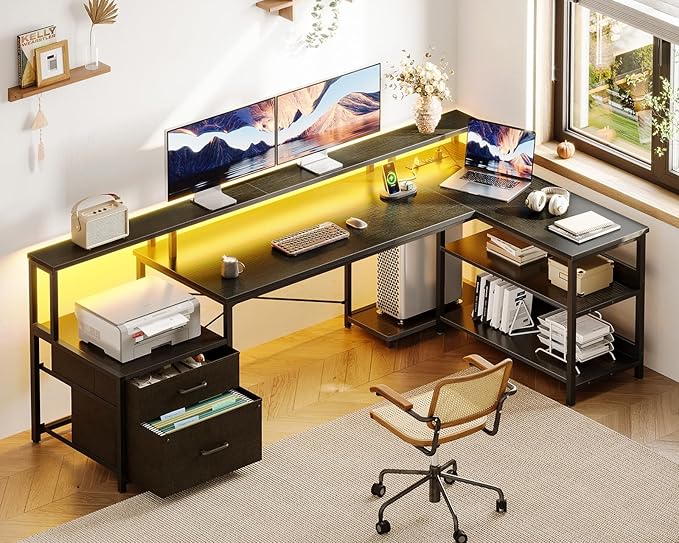 ODK L Shaped Desk with File Drawer, 75" Reversible L Shaped Computer Desk with Power Outlet & LED Strip, Office Desk with Storage Shelves, Gaming Desk with Monitor Shelf, Corner Desk, Black
