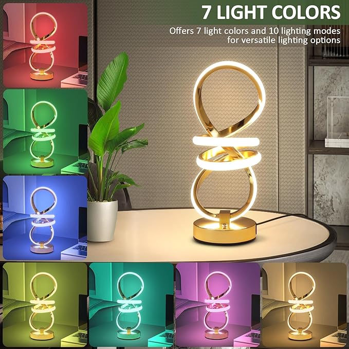 RGB Spiral Table Lamp, Modern LED Table Lamp, Chrome Cool Bedside Lamps, 7 Colors & 10 Light Modes Touch Dimmable LED Nightstand Lamp with USB/Type C for Bedroom, Living Room, Gold