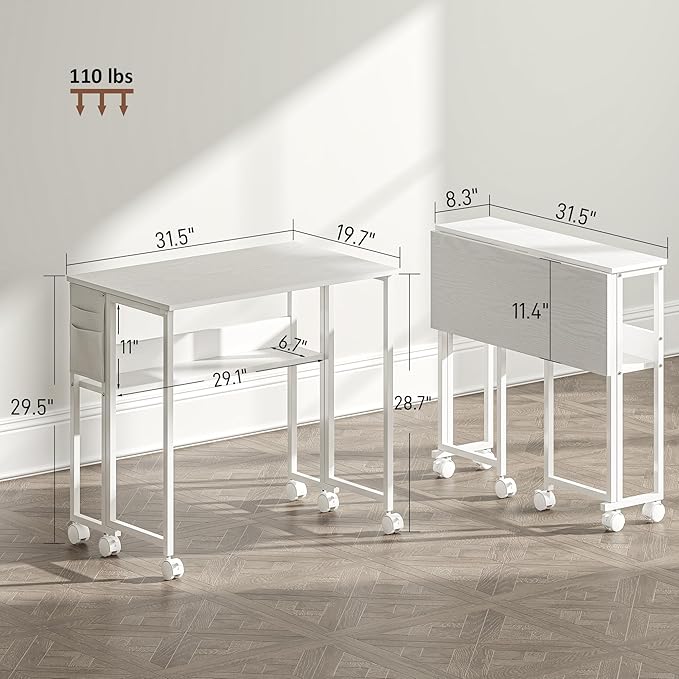 HOMCOM Small Folding Desk, Rolling Computer Desk Foldable with Storage Bag and Shelf, 31.5" Portable Writing Table on Wheels for Small Spaces, Home Office, Study, Easy Assembly, White