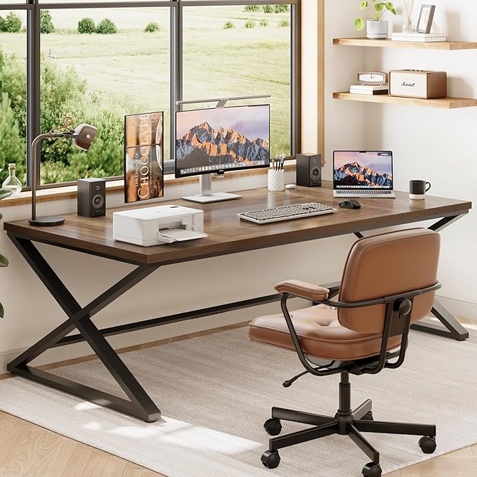 IBF Large Computer Desk, 78.7” Extra Long Home Office Desk, Wood Metal Work Desk for Study Writing, Farmhouse Simple Wide Double PC Gaming Computer Table Executive Workstation in Bedroom, Rustic Oak