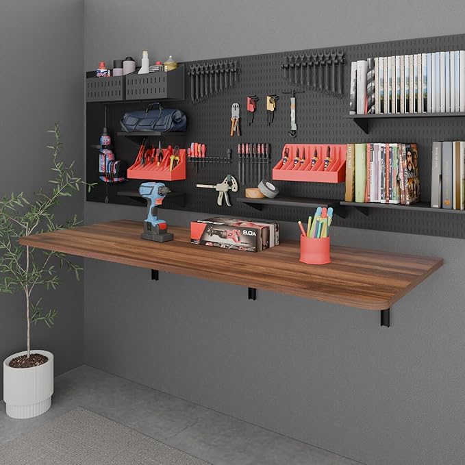 IAE 48" x 22" Floating Foldable Desk,Wall-Mounted Folding Computer Table with Engineered Wood,Study Table with Shelf Brackets,Fold Down Shelf,Fold Computer Desk for Small Spaces,Holds 500 lb,Brown