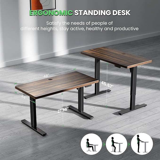 SIAGO Electric Standing Desk Adjustable - 48 x 24 Inch Sit Stand up Desk with Cable Management - 3 Memory Preset Adjustable Height Table