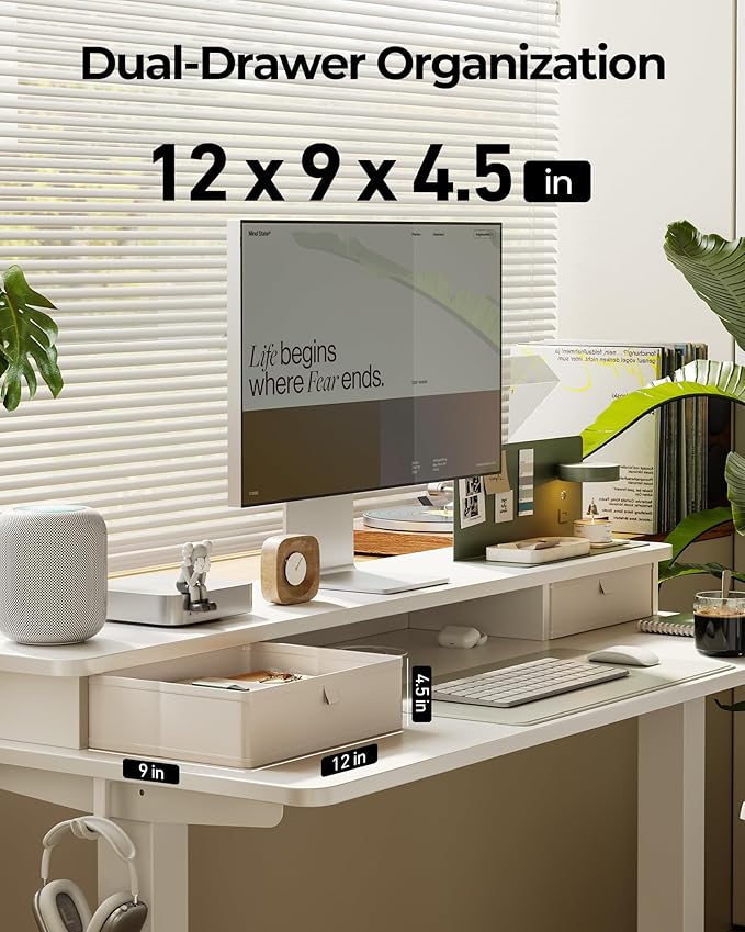 FEZIBO 55 x 24 Inch Height Adjustable Electric Standing Desk with Double Drawer, Computer Desk, Home Office Stand Up Table with 4 Height-Adjustable Feets & 2 Hooks, White