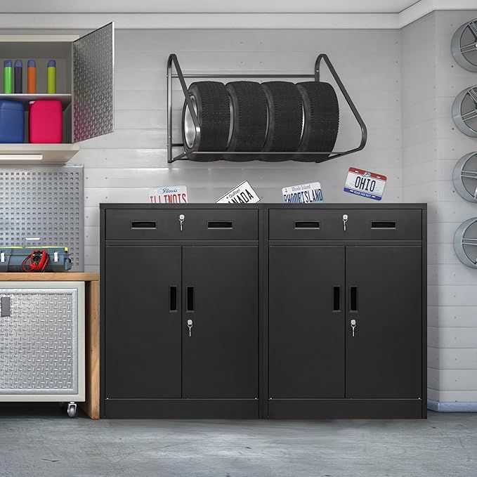 Metal Storage Cabinet, Locking Cabinet with One Drawer and Adjustable Shelf, 36.2" H x 28" W x 16" D Steel Storage Cabinet for Office, Garage, Home-Black