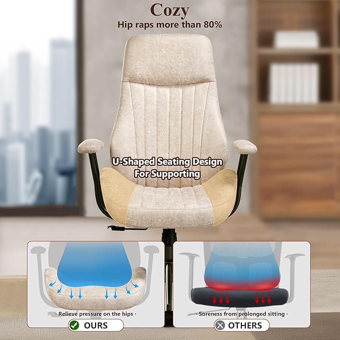 Mid Century Modren Office Chair - Fuax Leather Suede Brown Executive Chairs Ergonomic Mid Back with Lumbar Support, Swivel Computer Desk Task Chair with Wheels for Home Office (Beige, Hign Back)