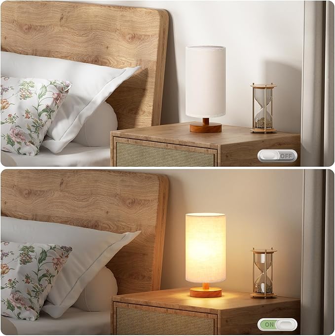 Small Table Lamp for Bedroom - Inline Control, Bedside Lamp with 3000K A15 LED Blub, Easy Assembly (Beige Shade - Walnut Base, 9" Inline Control)