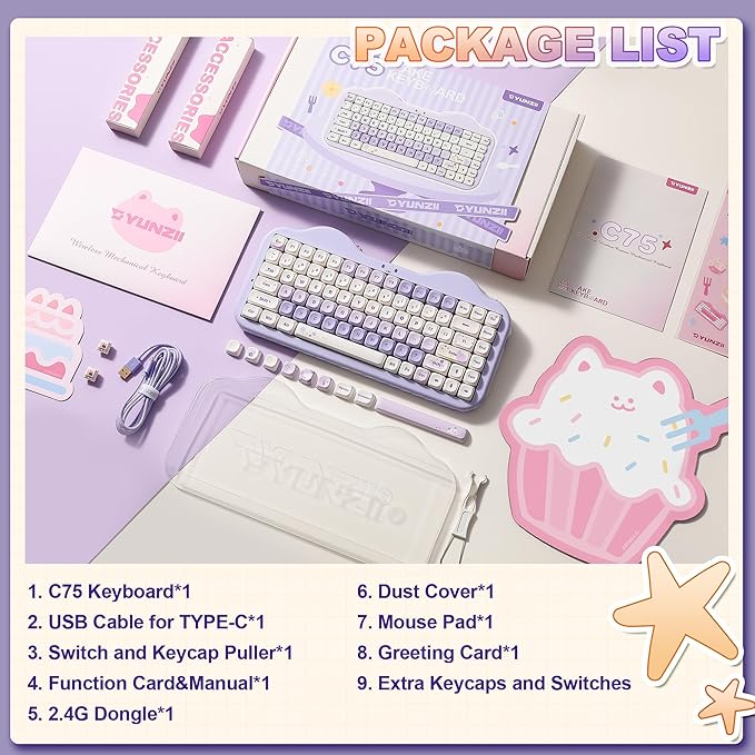 YUNZII C75 Wireless Mechanical Keyboard,75% Layout, Hot-Swappable NKRO,BT5.0/2.4G/USB-C Mode,Dye-Sub PBT MOA Keycaps,RGB Gasket Mount,Cute Cake Design for Mac/Win/Gaming (Purple, Milk V2 Switch)