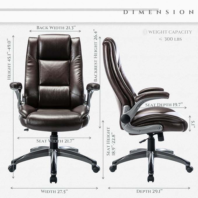 Leather Executive Office Chair - High Back Home Computer Desk Chair with Padded Flip-up Arms, Adjustable Tilt Lock, Swivel Rolling Ergonomic Chair for Adult Working Study, Brown