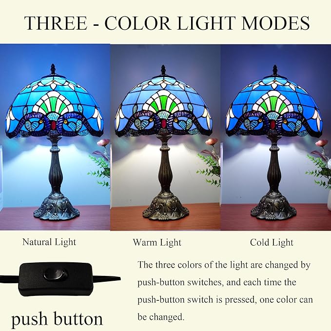Tiffany Table Lamp 12X12X19 Inch Stained Glass Lamp Blue Baroque Style Antique Bedside Desk Nightstand Light for Bedroom Living Room Home Office Include 3-Color LED Bulb