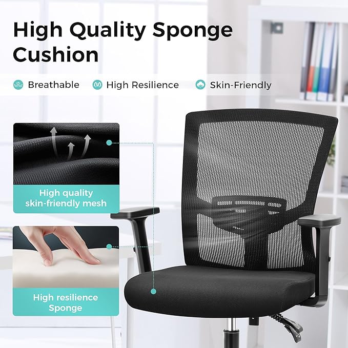 ALPHA HOME Office Chair Ergonomic, Mid Back Mesh Computer Chair with Lumbar Support Executive Stool with Adjustable Armrest & Seat Cushion, BIFMA & SGS Certified