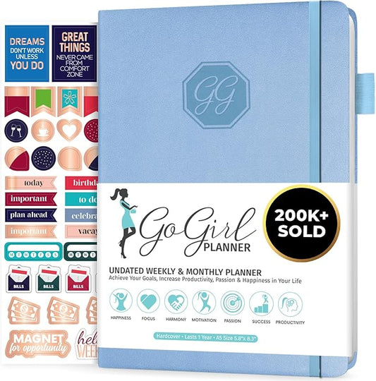 GoGirl Planner and Organizer for Women – Compact Size Weekly Planner, Goals Journal & Agenda to Improve Time Management, Productivity & Live Happier. Undated – Start Anytime, Lasts 1 Year – Light Blue
