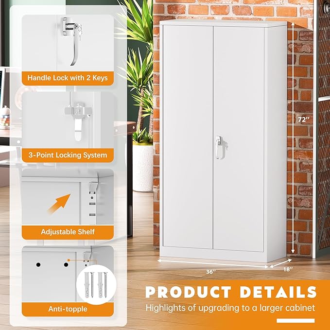 Greenvelly White Metal Cabinet, 72" H Steel Lockable Metal Storage Cabinet with 2 Doors and Adjustable Shelves,Tall Tool Organizer for Office,Home, Garage, Gym, School