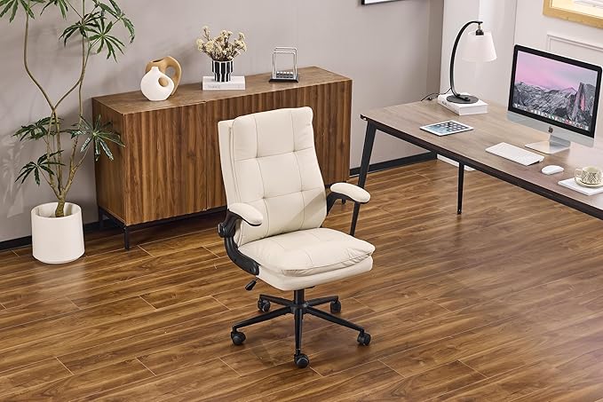 VINGLI Comfy Beige Leather Office Desk Chair, High-Back Support Ergonomic Computer Task Gaming Chair,with Removable wheels,360° Swivel,Adjustable Height,Flip-Up Arms,for Adults,Teen,Vanity,Home Office