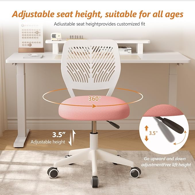 Armless Desk Chair, Height Adjustable Swivel Office Rolling Task Chairs with Soft Mesh Padded Cushion, Ergonomic Small Study Computer Chair for Girls Boys Teens (Pink, 4PCS)