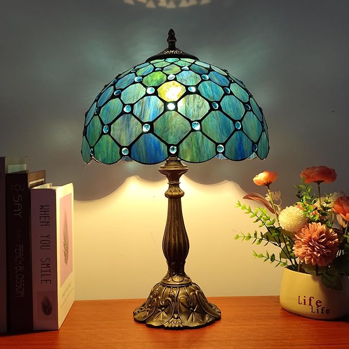 Tiffany Table Lamp Stained Glass Antique Bedside Nightstand Lamp Blue Pearl Style Small Antique Desk Light for Bedroom Living Room Home Office,3-Color LED Bulb Include