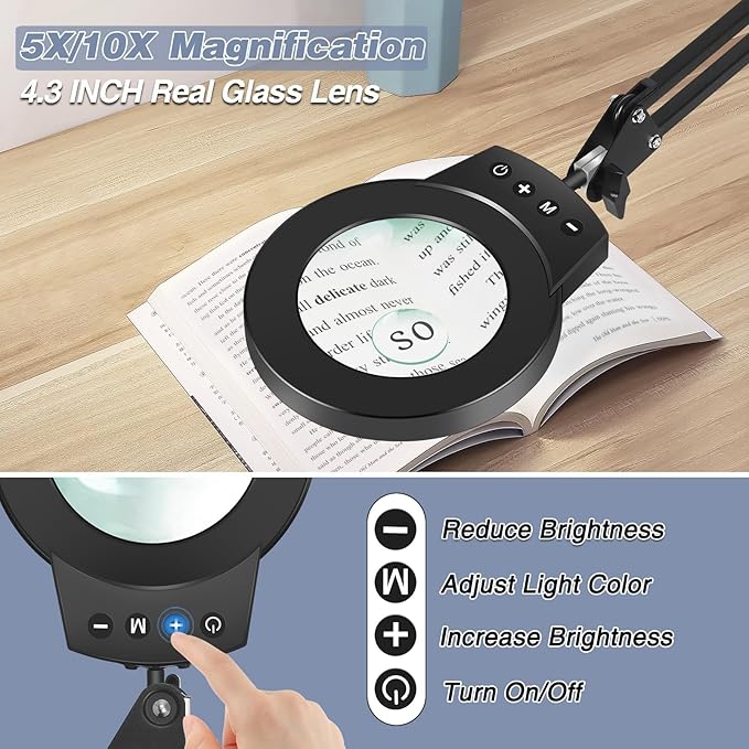 NOEVSBIG Desk Magnifying Glass with Light 10+5X Desktop Lamp Close Work Up for Table Crafting, Reading, Sewing, Panting, Soldering, Ultra Long 3-Section Swing Arm Design for Large Workbench