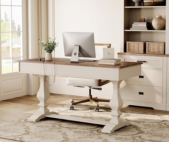 WAMPAT 60-inch Vintage Wood Home Office Desk with Stable Solid Wood Pedestral Legs, Tradional Rustic Writing Table Executive Desk with Deep Drawers and Power Outlets for Office,Study,Antique White