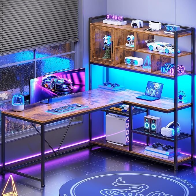 SEDETA L Shaped Computer Desk, 58'' Office Desk with LED Light and Bookshelf, L Shaped Corner Desk with Storage Shelves for Home Office, Gaming Desk, L Desk, Rustic Brown