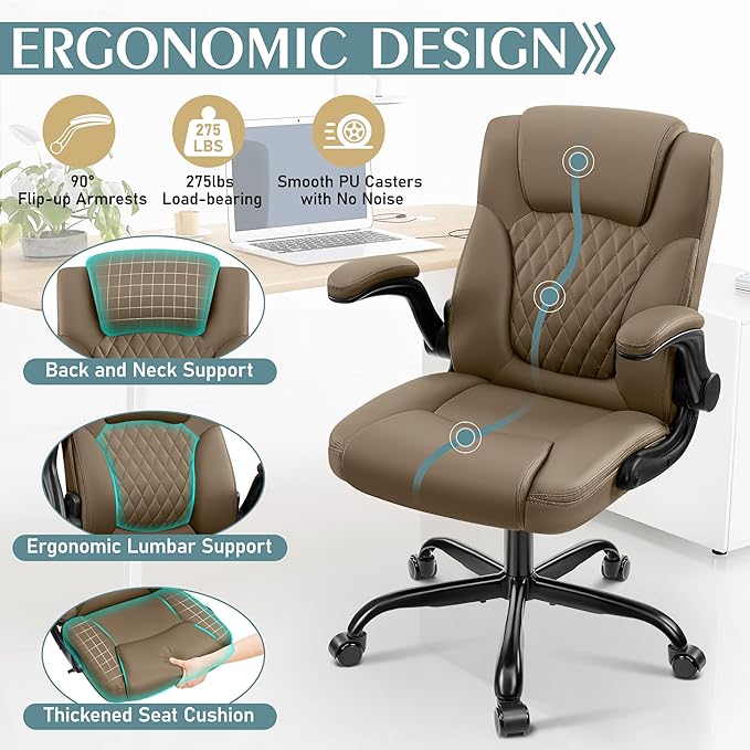 Leather Office Chair, PU Home Computer Desk Chairs with Ergonomic Back Support, 360° Swivel Free,Small Gmaing Chair with Wheels and Adjustable Armrests, for Short People Use, Earthy Yellow