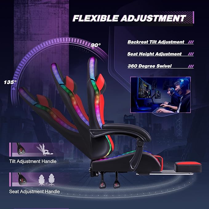 Homall Gaming Chair, Video Game Chair with Footrest and Massage Lumbar Support, Ergonomic Computer Chair Height Adjustable with Swivel Seat and Headrest (RGB Red)